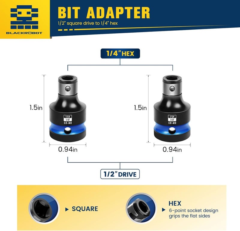 BLACKROBOT 2PCS Impact Bit Holders 1/2 Inch Square Drive to 1/4 Inch Hex Socket Adapter for Impact Wrench - Image 2